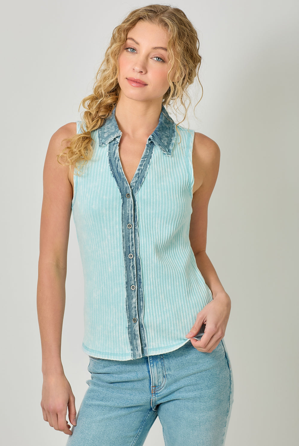 Mystree Washed Thermal Sleeveless Button Down Top – Ice Blue-Camis/Tanks-Mystree-Deja Nu Boutique, Women's Fashion Boutique in Lampasas, Texas