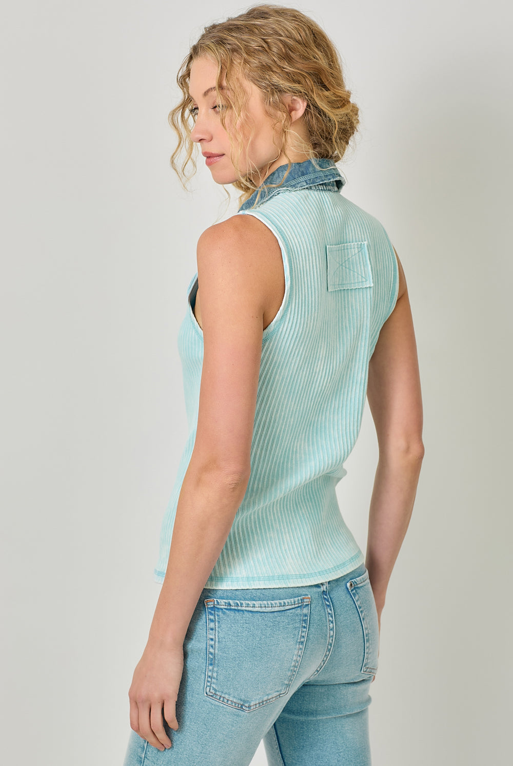 Mystree Washed Thermal Sleeveless Button Down Top – Ice Blue-Camis/Tanks-Mystree-Deja Nu Boutique, Women's Fashion Boutique in Lampasas, Texas