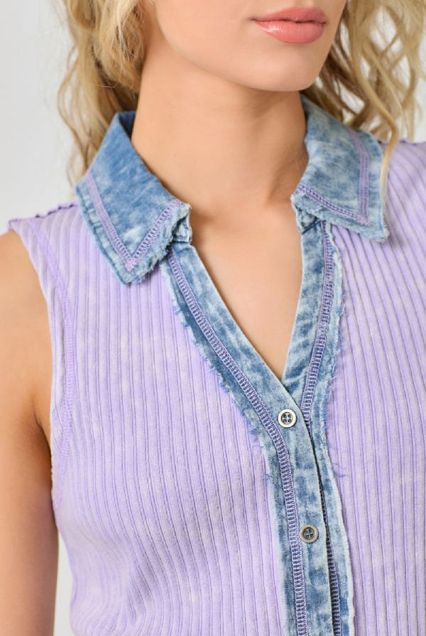Mystree Washed Thermal Sleeveless Button Down Top – Lavender-Camis/Tanks-Mystree-Deja Nu Boutique, Women's Fashion Boutique in Lampasas, Texas