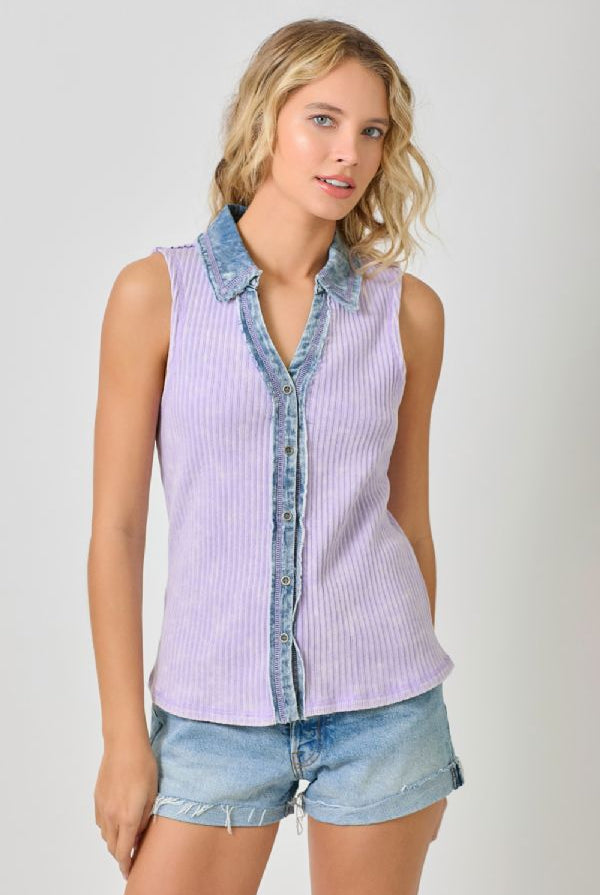 Mystree Washed Thermal Sleeveless Button Down Top – Lavender-Camis/Tanks-Mystree-Deja Nu Boutique, Women's Fashion Boutique in Lampasas, Texas