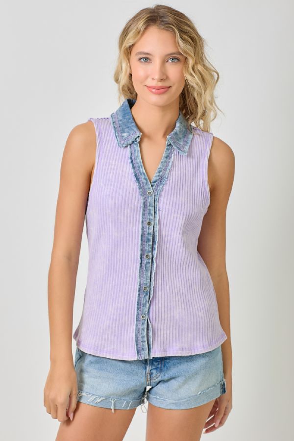 Mystree Washed Thermal Sleeveless Button Down Top – Lavender-Camis/Tanks-Mystree-Deja Nu Boutique, Women's Fashion Boutique in Lampasas, Texas