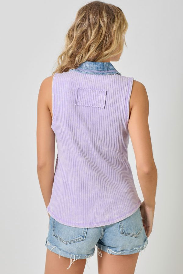 Mystree Washed Thermal Sleeveless Button Down Top – Lavender-Camis/Tanks-Mystree-Deja Nu Boutique, Women's Fashion Boutique in Lampasas, Texas