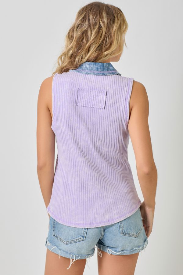 Mystree Washed Thermal Sleeveless Button Down Top – Lavender-Camis/Tanks-Mystree-Deja Nu Boutique, Women's Fashion Boutique in Lampasas, Texas