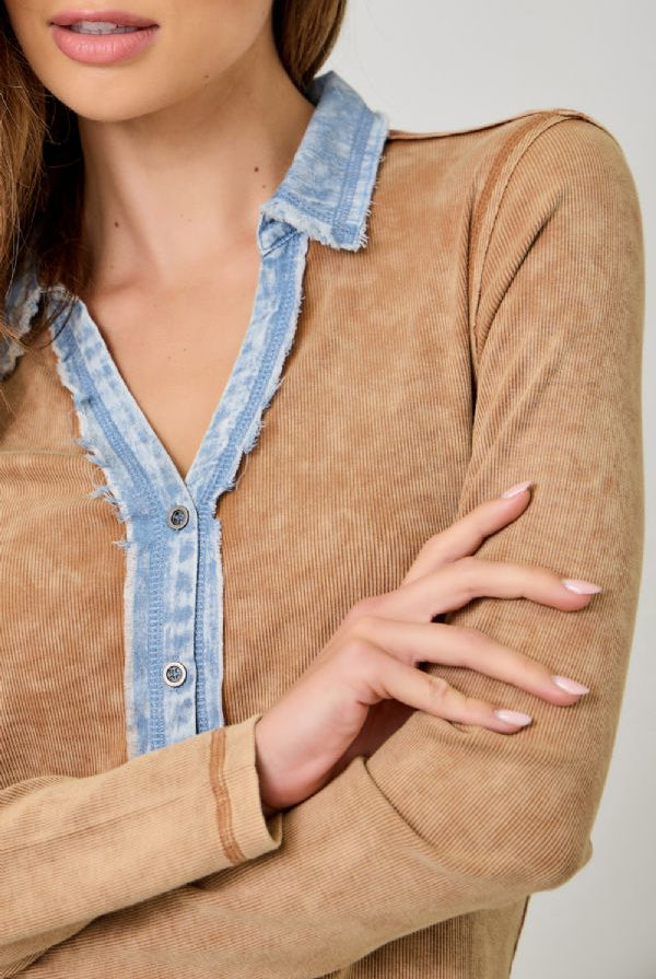 Mystree Washed Two Tone Thermal Button Down Top In Washed Camel-Tops-mystree-Deja Nu Boutique, Women's Fashion Boutique in Lampasas, Texas