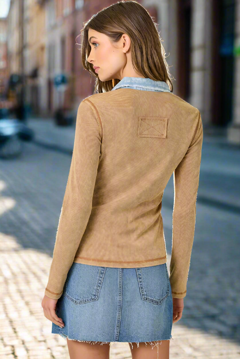 Mystree Washed Two Tone Thermal Button Down Top In Washed Camel-Tops-mystree-Deja Nu Boutique, Women's Fashion Boutique in Lampasas, Texas