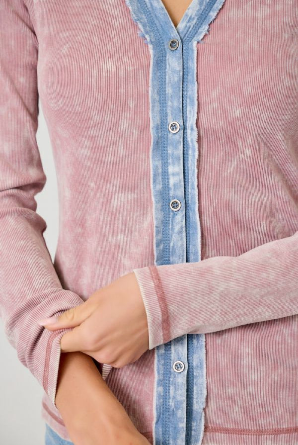 Mystree Washed Two Tone Thermal Button Down Top In Washed Rose-Tops-Mystree-Deja Nu Boutique, Women's Fashion Boutique in Lampasas, Texas