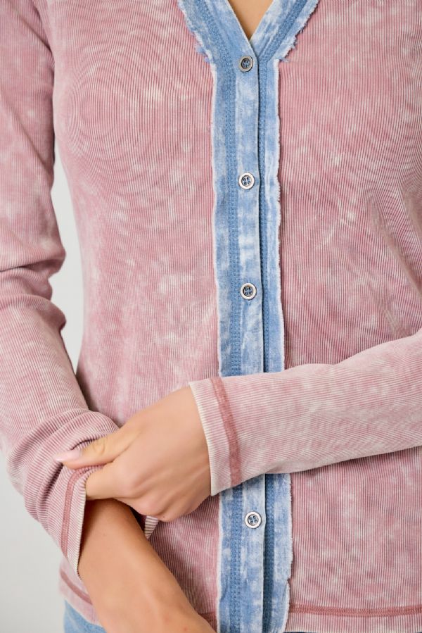 Mystree Washed Two Tone Thermal Button Down Top In Washed Rose-Tops-Mystree-Deja Nu Boutique, Women's Fashion Boutique in Lampasas, Texas