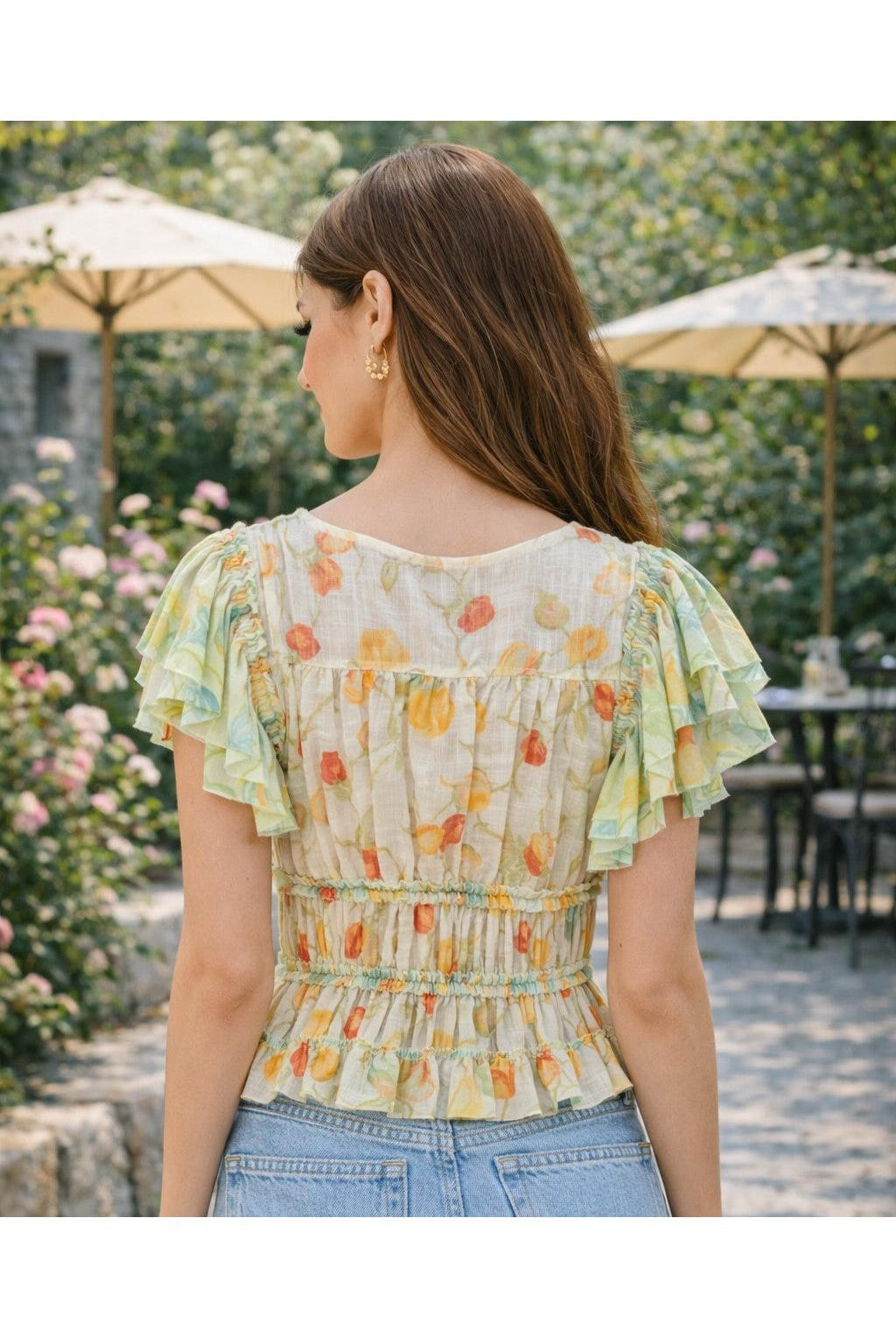 Mystree Flutter Sleeve Mesh Tiered Top in Butter & Green-Tops-Mystree-Deja Nu Boutique, Women's Fashion Boutique in Lampasas, Texas