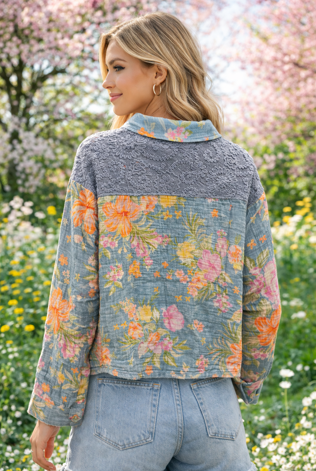 Mystree Mixed Media Floral Denim Jacket in Blue Mix-Jackets-Mystree-Deja Nu Boutique, Women's Fashion Boutique in Lampasas, Texas