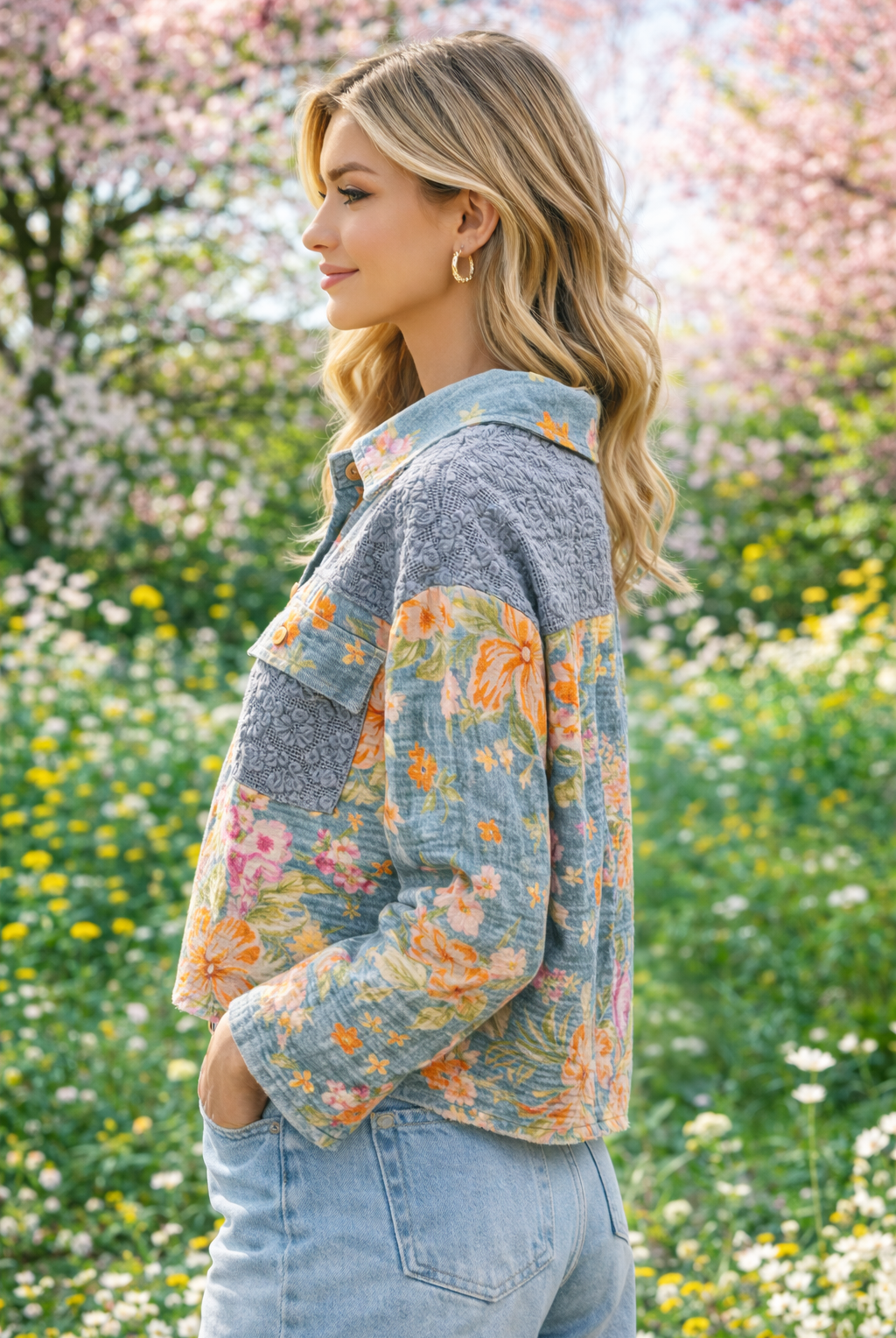 Mystree Mixed Media Floral Denim Jacket in Blue Mix-Jackets-Mystree-Deja Nu Boutique, Women's Fashion Boutique in Lampasas, Texas