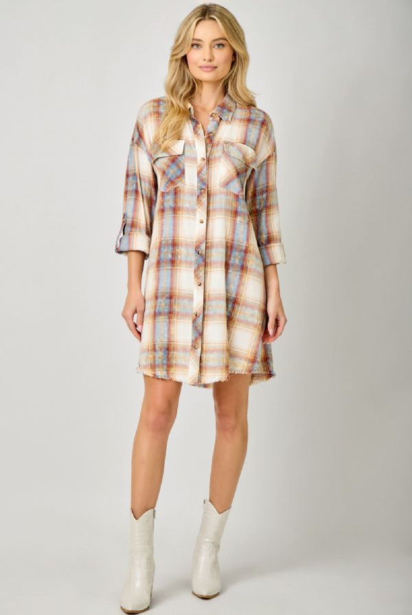 Mystree Washed Ivory Plaid Shirt Dress with Rolled Sleeves-Dresses-mystree-Deja Nu Boutique, Women's Fashion Boutique in Lampasas, Texas