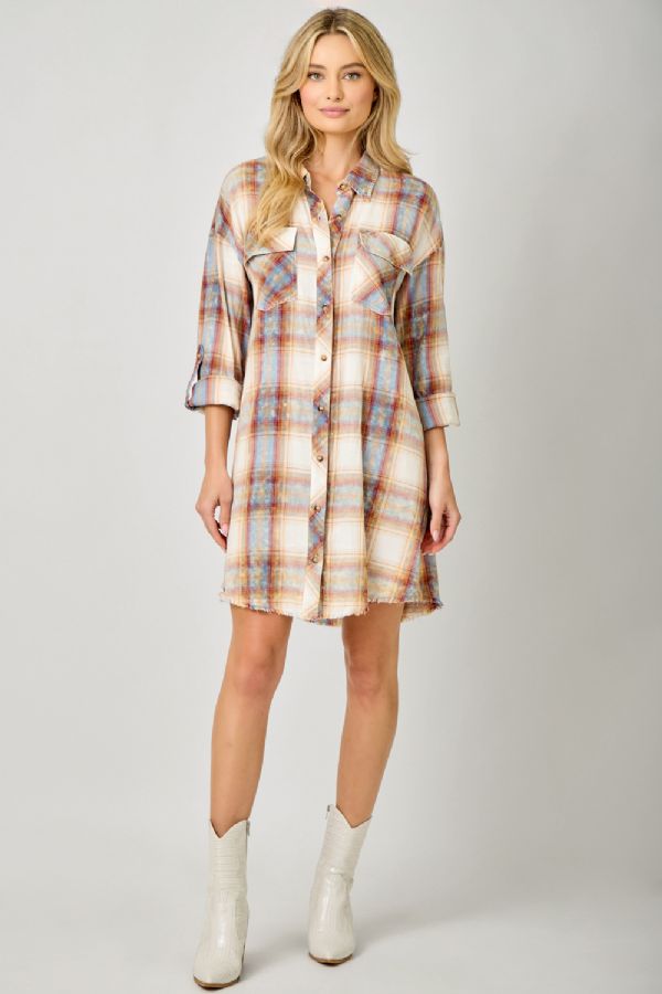 Mystree Washed Ivory Plaid Shirt Dress with Rolled Sleeves-Dresses-mystree-Deja Nu Boutique, Women's Fashion Boutique in Lampasas, Texas