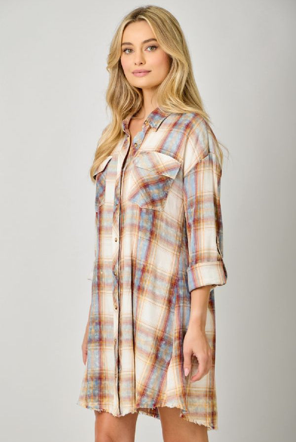 Mystree Washed Ivory Plaid Shirt Dress with Rolled Sleeves-Dresses-mystree-Deja Nu Boutique, Women's Fashion Boutique in Lampasas, Texas