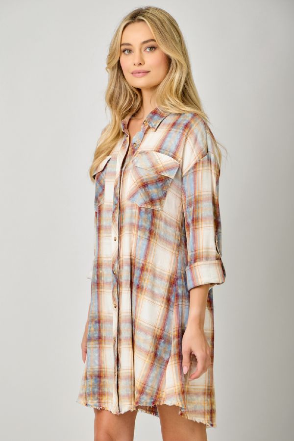 Mystree Washed Ivory Plaid Shirt Dress with Rolled Sleeves-Dresses-mystree-Deja Nu Boutique, Women's Fashion Boutique in Lampasas, Texas