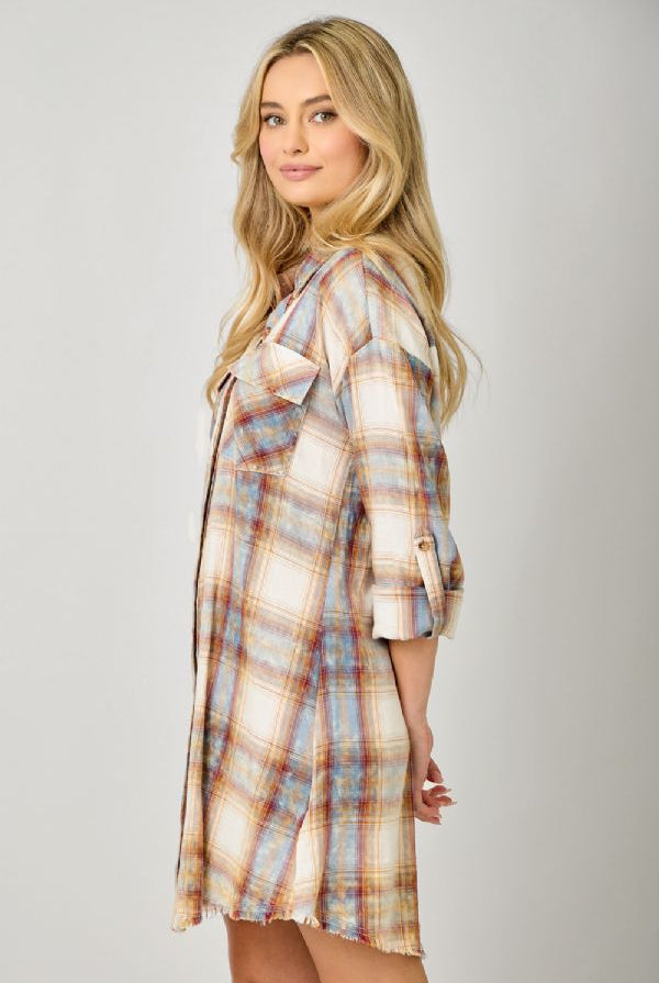 Mystree Washed Ivory Plaid Shirt Dress with Rolled Sleeves-Dresses-mystree-Deja Nu Boutique, Women's Fashion Boutique in Lampasas, Texas