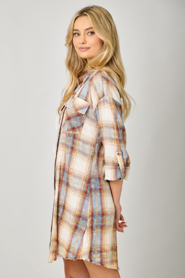 Mystree Washed Ivory Plaid Shirt Dress with Rolled Sleeves-Dresses-mystree-Deja Nu Boutique, Women's Fashion Boutique in Lampasas, Texas