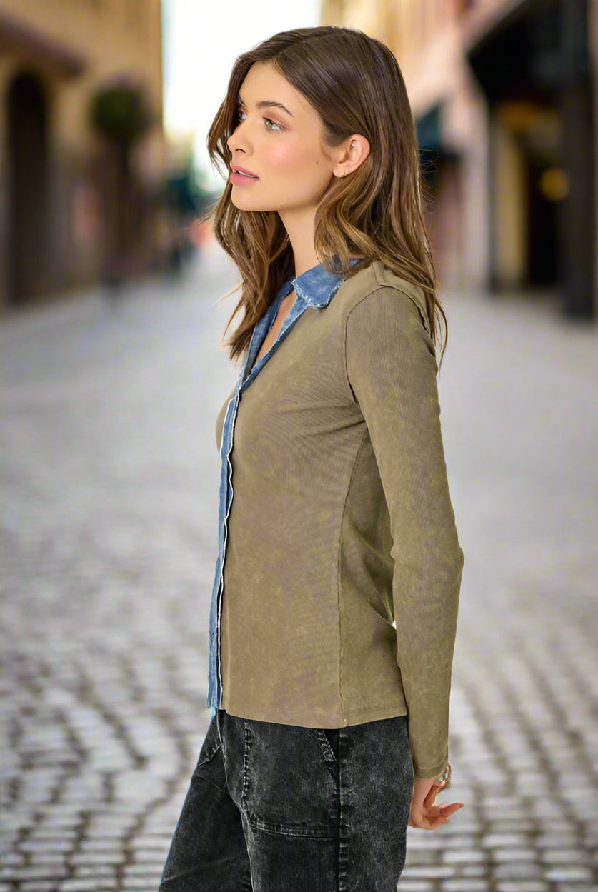 Mystree Washed Two Tone Thermal Button Down Top In Washed Ash-Tops-Mystree-Deja Nu Boutique, Women's Fashion Boutique in Lampasas, Texas