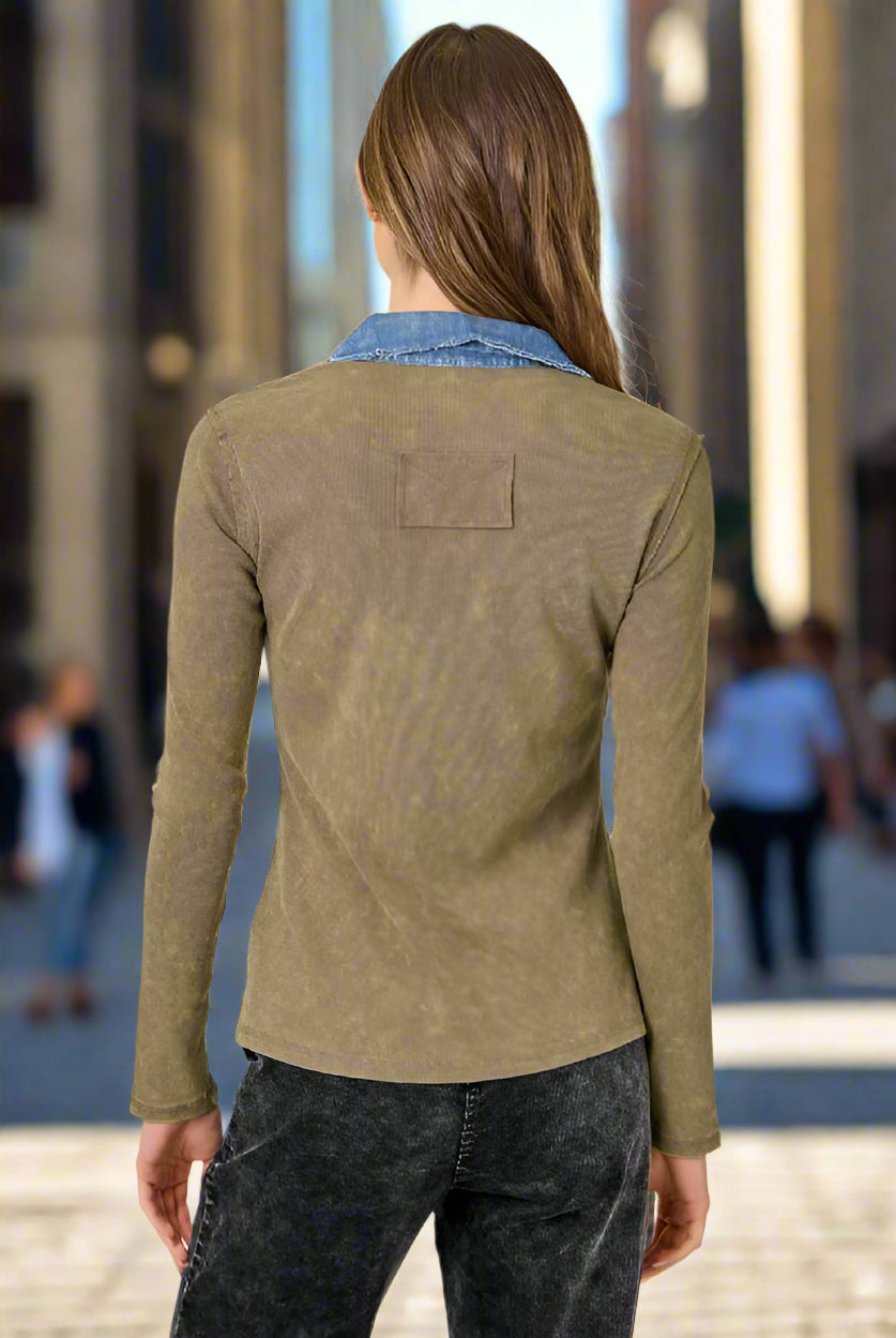 Mystree Washed Two Tone Thermal Button Down Top In Washed Ash-Tops-Mystree-Deja Nu Boutique, Women's Fashion Boutique in Lampasas, Texas