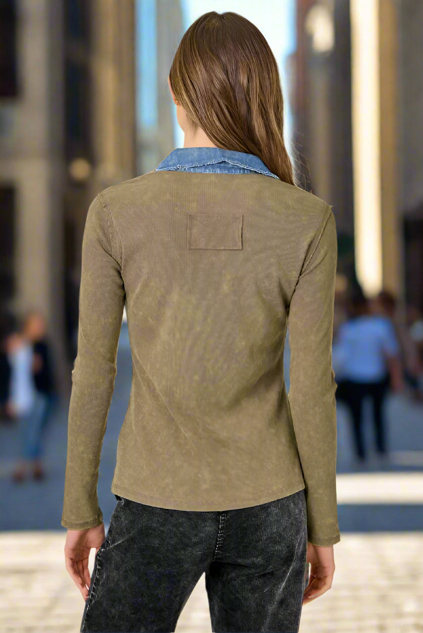 Mystree Washed Two Tone Thermal Button Down Top In Washed Ash-Tops-Mystree-Deja Nu Boutique, Women's Fashion Boutique in Lampasas, Texas