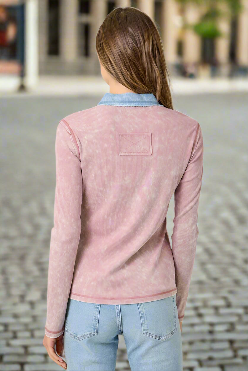 Mystree Washed Two Tone Thermal Button Down Top In Washed Rose-Tops-Mystree-Deja Nu Boutique, Women's Fashion Boutique in Lampasas, Texas
