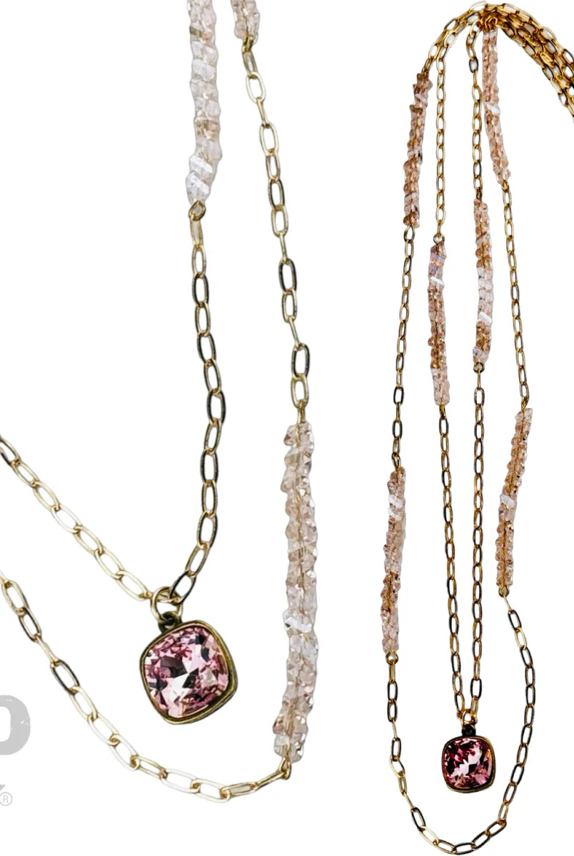 Pink Panache Long paperclip chain and bead necklace with pink Austrian crystal pendant-Necklaces-Pink Panache-Deja Nu Boutique, Women's Fashion Boutique in Lampasas, Texas