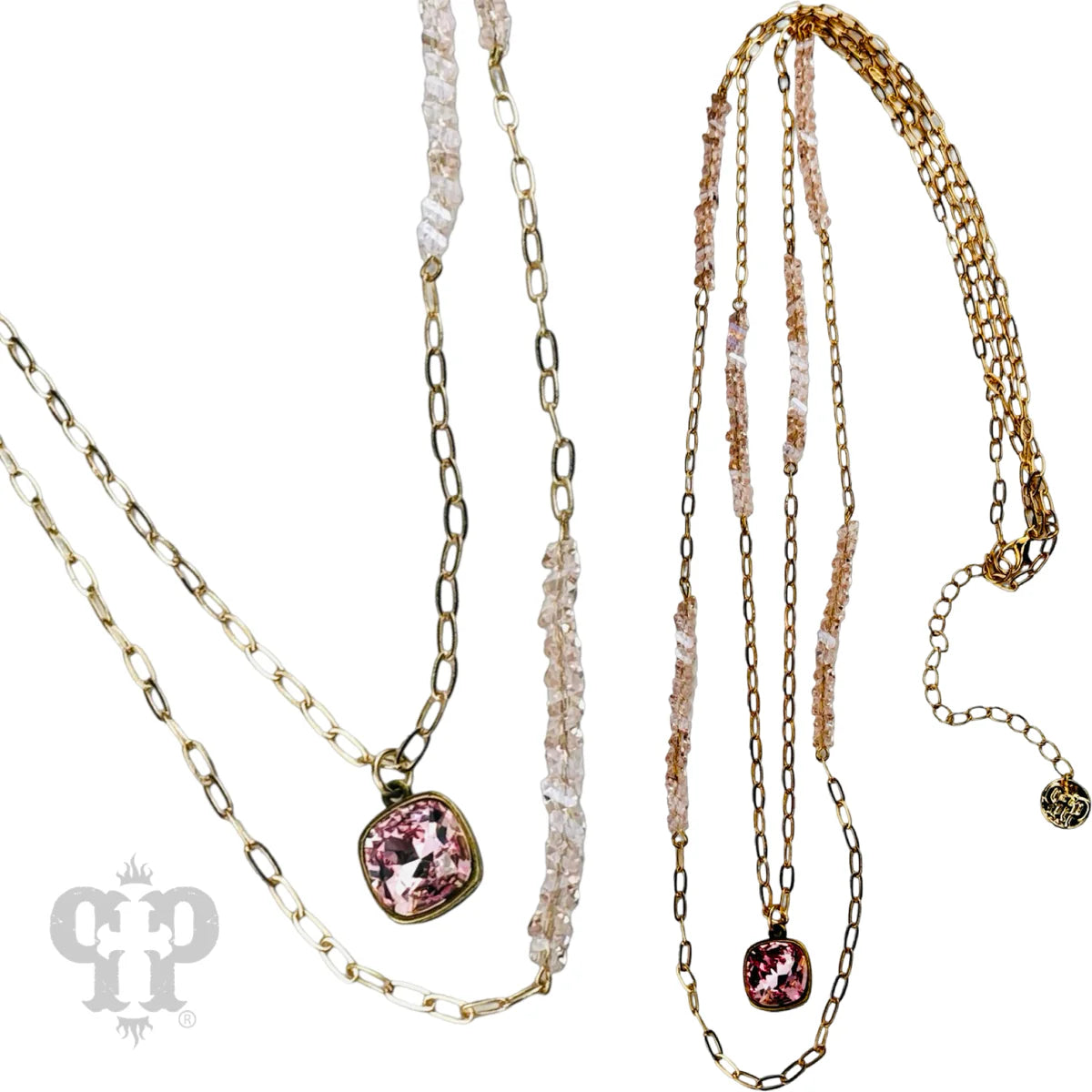 Pink Panache Long paperclip chain and bead necklace with pink Austrian crystal pendant-Necklaces-Pink Panache-Deja Nu Boutique, Women's Fashion Boutique in Lampasas, Texas