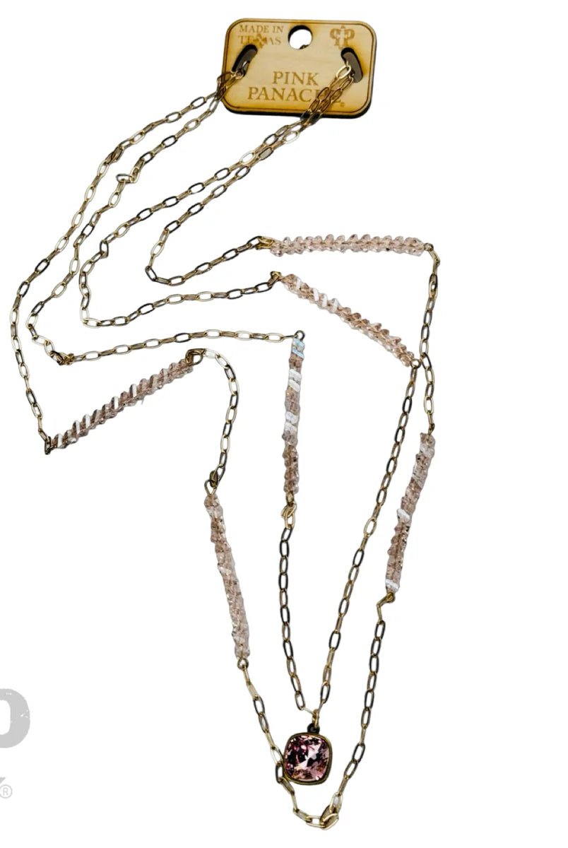 Pink Panache Long paperclip chain and bead necklace with pink Austrian crystal pendant-Necklaces-Pink Panache-Deja Nu Boutique, Women's Fashion Boutique in Lampasas, Texas