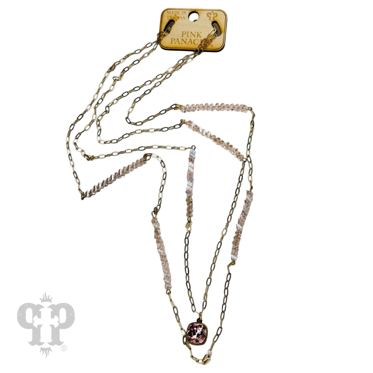 Pink Panache Long paperclip chain and bead necklace with pink Austrian crystal pendant-Necklaces-Pink Panache-Deja Nu Boutique, Women's Fashion Boutique in Lampasas, Texas