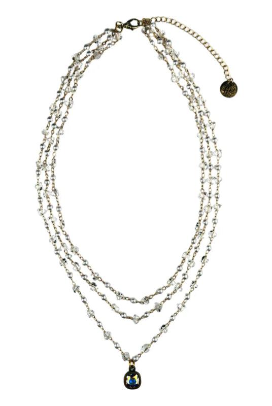 Pink Panache Triple Strand Crystal Beaded Necklace with Blue Austrian Pendant-Necklaces-Pink Panache-Deja Nu Boutique, Women's Fashion Boutique in Lampasas, Texas