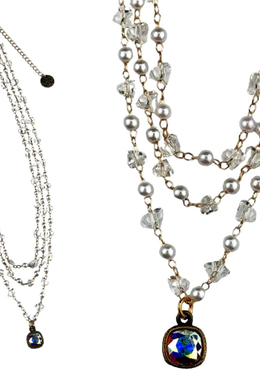 Pink Panache Triple Strand Crystal Beaded Necklace with Blue Austrian Pendant-Necklaces-Pink Panache-Deja Nu Boutique, Women's Fashion Boutique in Lampasas, Texas