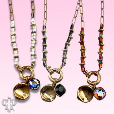 Pink Panache Gold paperclip chain and square glass bead necklace with Pink Austrian crystal-Necklaces-Pink Panache-Deja Nu Boutique, Women's Fashion Boutique in Lampasas, Texas