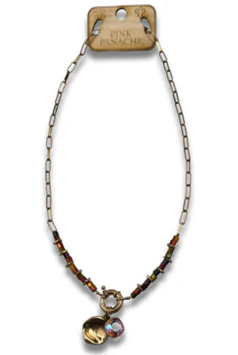 Pink Panache Gold paperclip chain and square glass bead necklace with Pink Austrian crystal-Necklaces-Pink Panache-Deja Nu Boutique, Women's Fashion Boutique in Lampasas, Texas