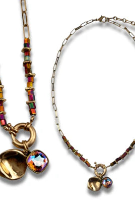 Pink Panache Gold paperclip chain and square glass bead necklace with Pink Austrian crystal-Necklaces-Pink Panache-Deja Nu Boutique, Women's Fashion Boutique in Lampasas, Texas