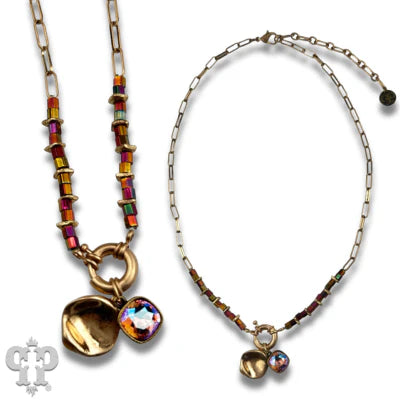 Pink Panache Gold paperclip chain and square glass bead necklace with Pink Austrian crystal-Necklaces-Pink Panache-Deja Nu Boutique, Women's Fashion Boutique in Lampasas, Texas