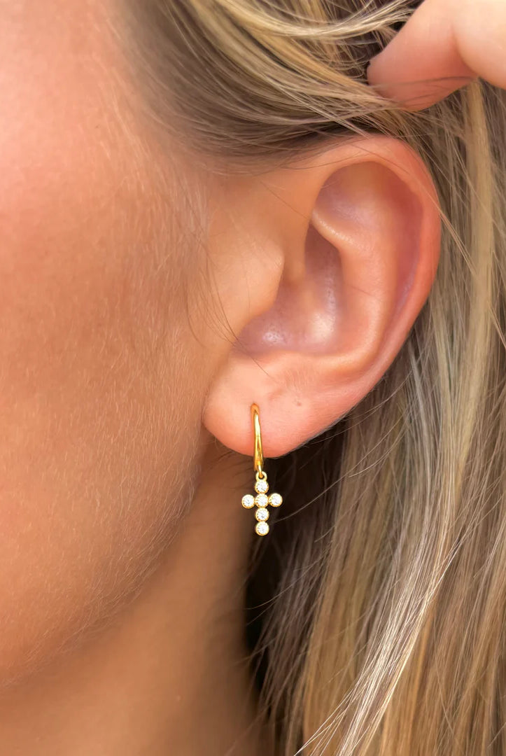 Nikki Smith Crystal Cross Huggie Earrings Waterproof Silver-Earrings-Nikki Smith-Deja Nu Boutique, Women's Fashion Boutique in Lampasas, Texas