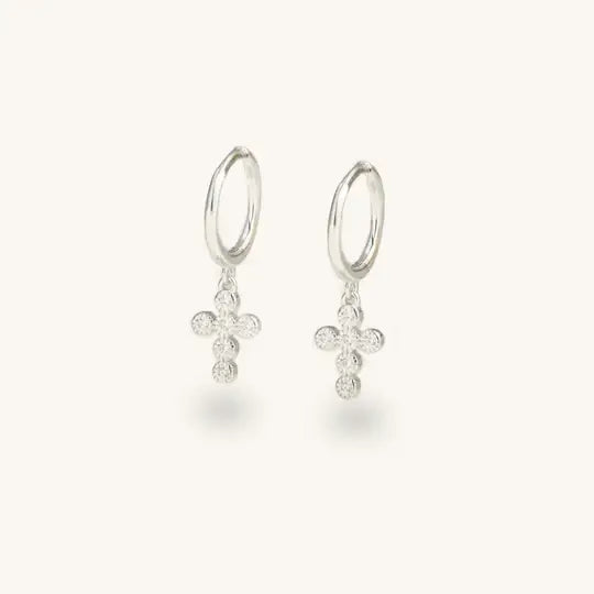 Nikki Smith Crystal Cross Huggie Earrings Waterproof Silver-Earrings-Nikki Smith-Deja Nu Boutique, Women's Fashion Boutique in Lampasas, Texas