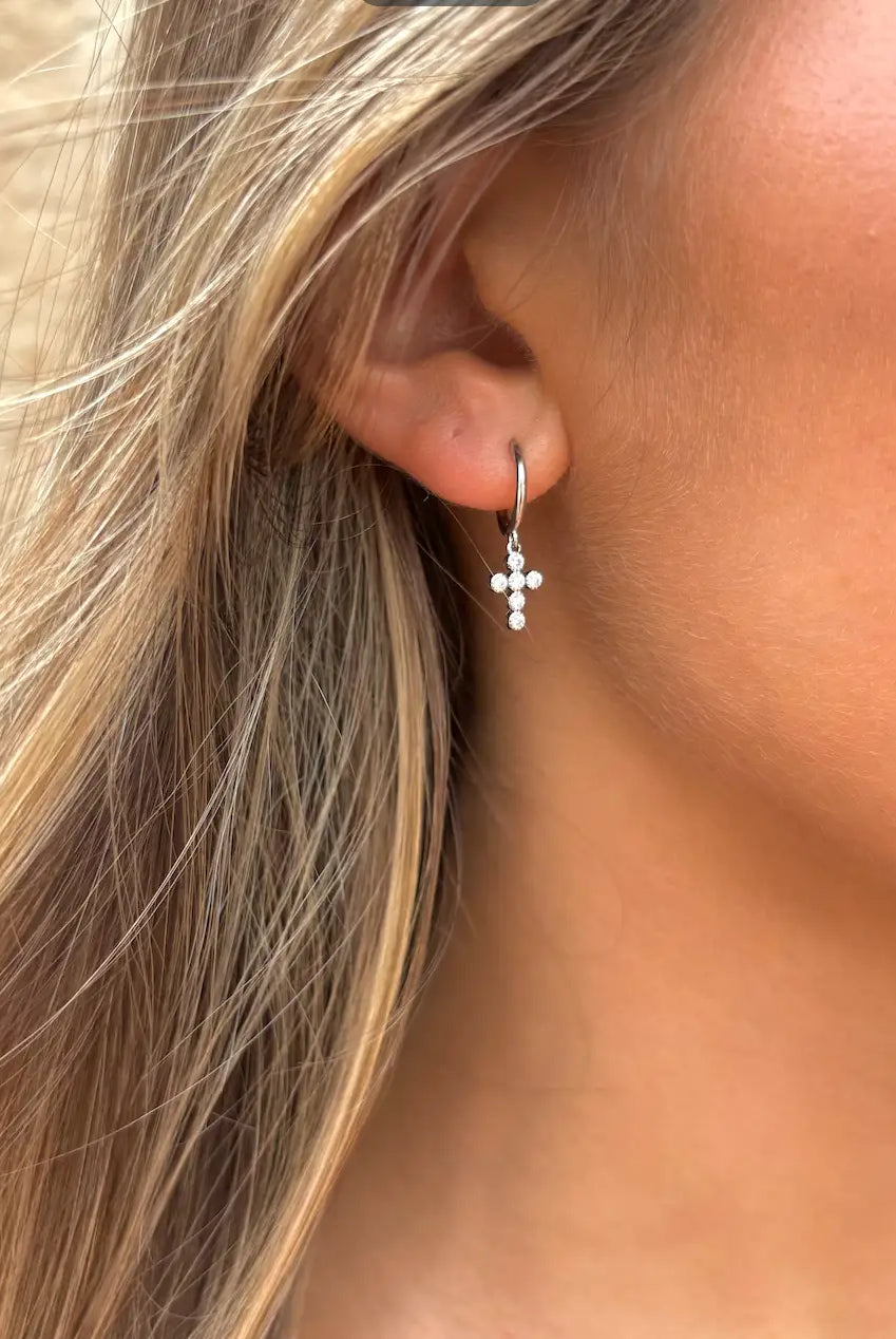 Nikki Smith Crystal Cross Huggie Earrings Waterproof Silver-Earrings-Nikki Smith-Deja Nu Boutique, Women's Fashion Boutique in Lampasas, Texas