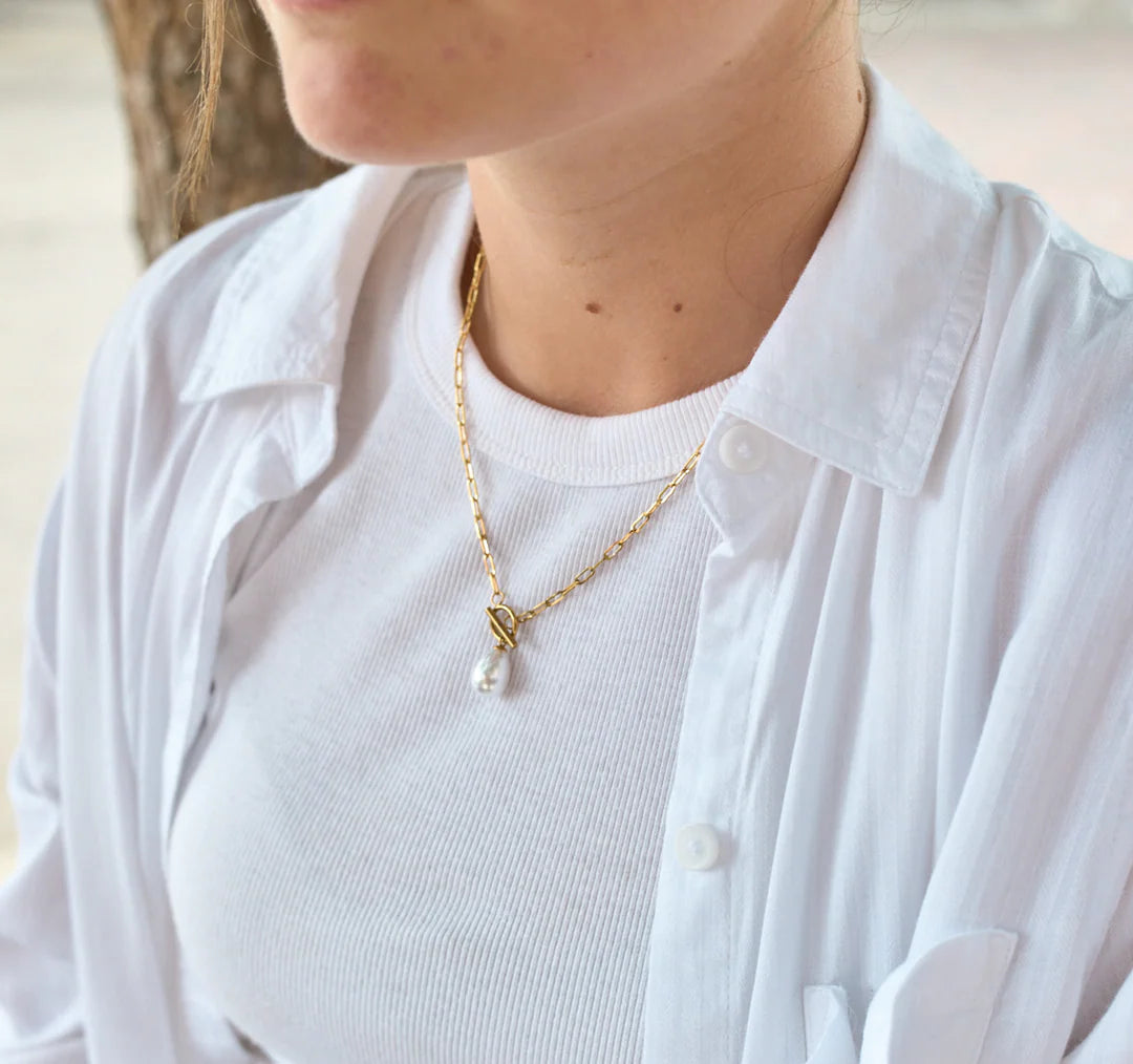 Nikki Smith Ursula Pearl Toggle Necklace Waterproof Gold-Necklaces-Nikki Smith-Deja Nu Boutique, Women's Fashion Boutique in Lampasas, Texas