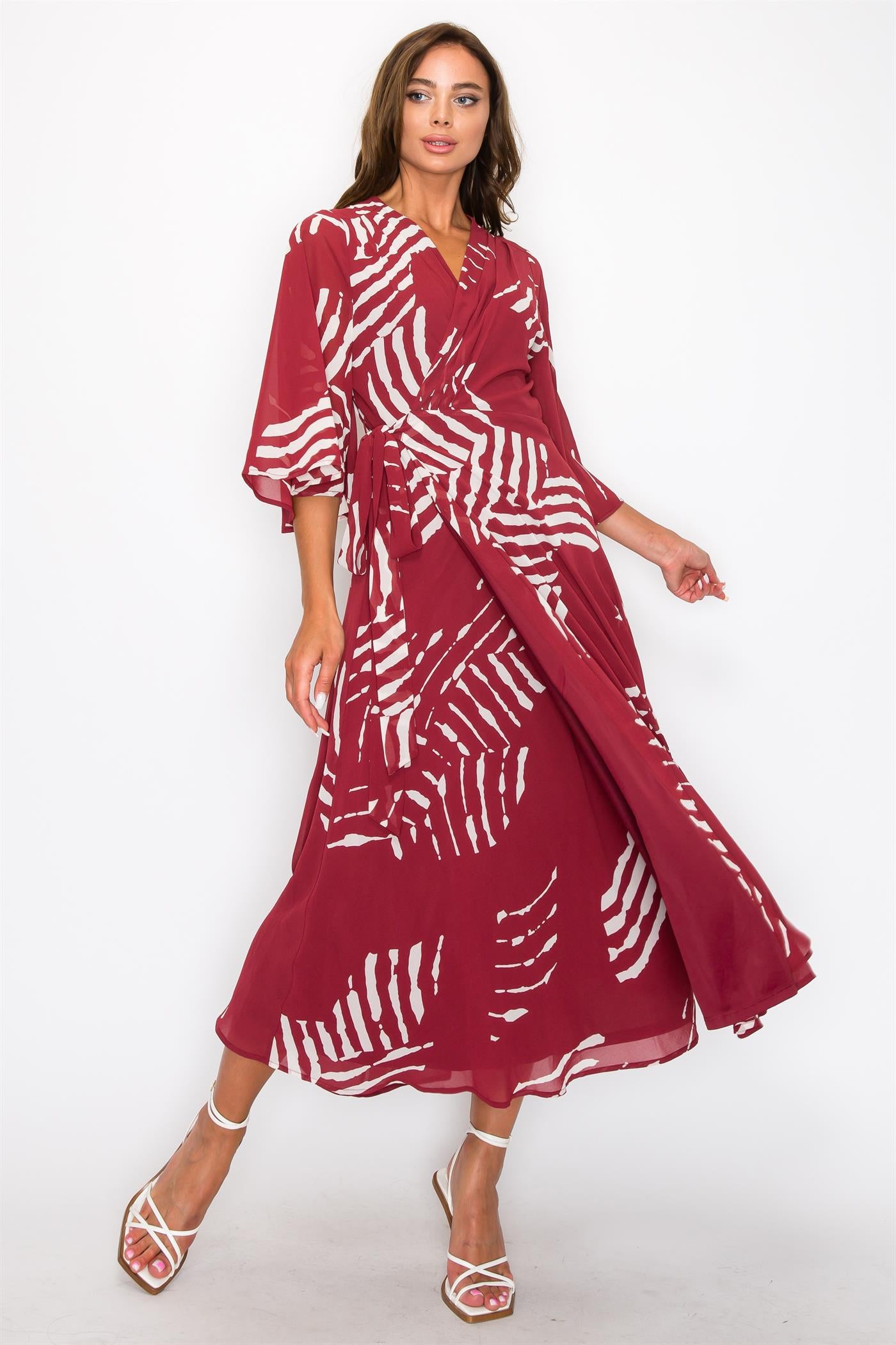 ONE THE LAND Chiffon Print Three Fourth Sleeve Wrap V-Neck Maxi Dress In Burgundy-Maxi Dresses-ONETHELAND-Deja Nu Boutique, Women's Fashion Boutique in Lampasas, Texas
