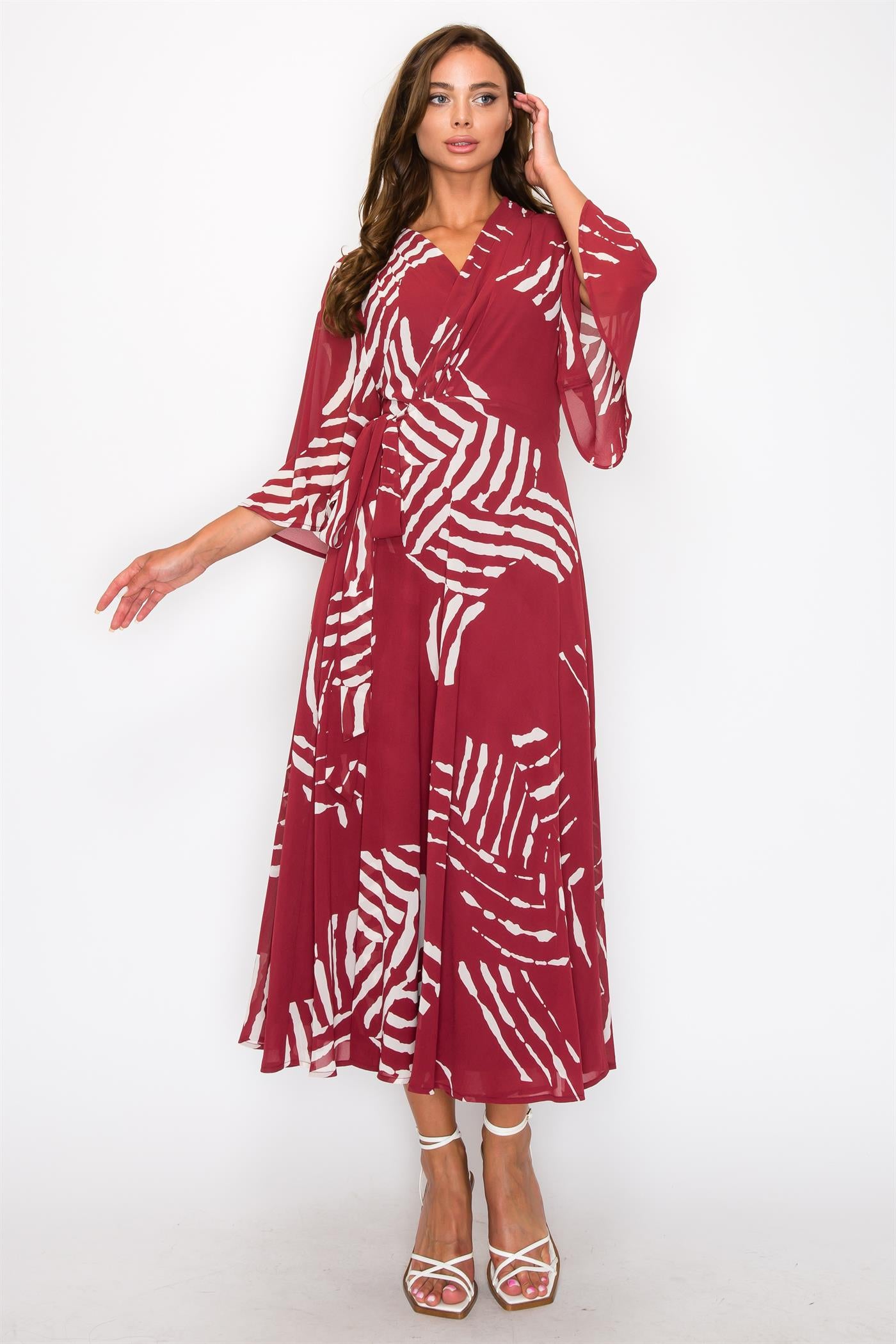 ONE THE LAND Chiffon Print Three Fourth Sleeve Wrap V-Neck Maxi Dress In Burgundy-Maxi Dresses-ONETHELAND-Deja Nu Boutique, Women's Fashion Boutique in Lampasas, Texas
