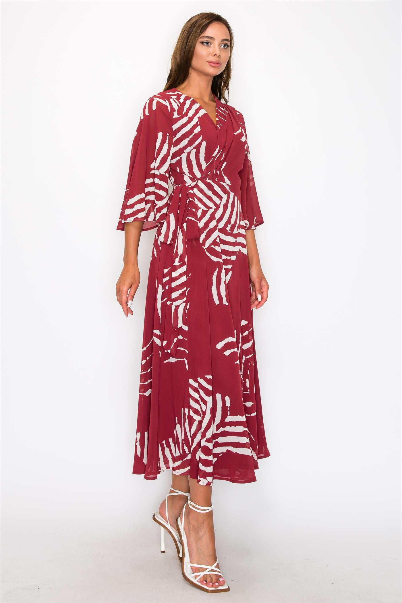 ONE THE LAND Chiffon Print Three Fourth Sleeve Wrap V-Neck Maxi Dress In Burgundy-Maxi Dresses-ONETHELAND-Deja Nu Boutique, Women's Fashion Boutique in Lampasas, Texas