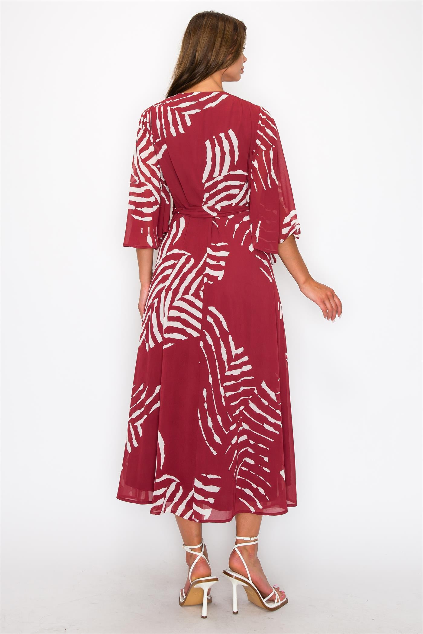 ONE THE LAND Chiffon Print Three Fourth Sleeve Wrap V-Neck Maxi Dress In Burgundy-Maxi Dresses-ONETHELAND-Deja Nu Boutique, Women's Fashion Boutique in Lampasas, Texas