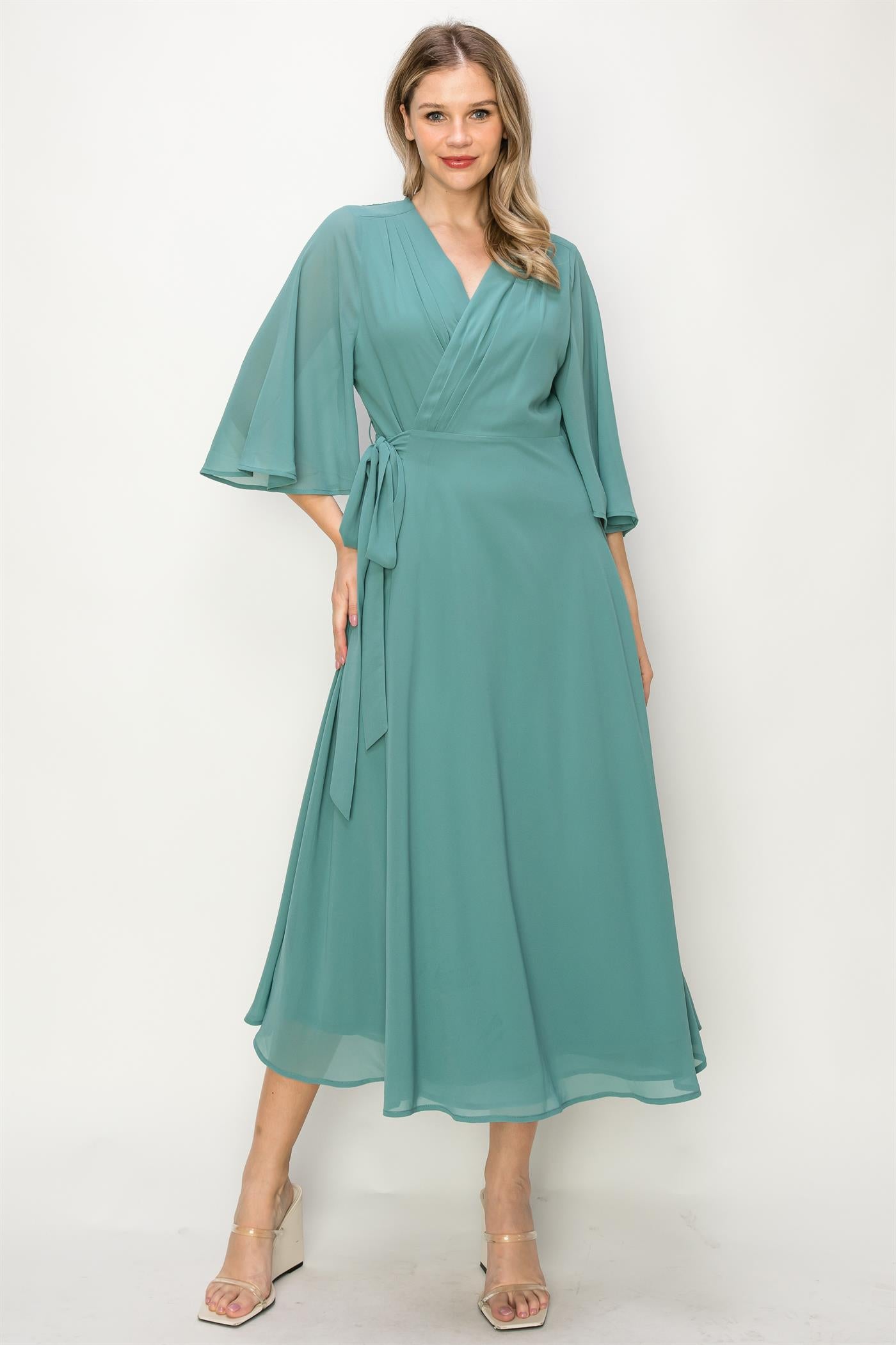 ONE THE LAND Elegant Wrap Knit V Neck Midi Dress With Side Tie In Dusty Teal-Midi Dresses-ONETHELAND-Deja Nu Boutique, Women's Fashion Boutique in Lampasas, Texas