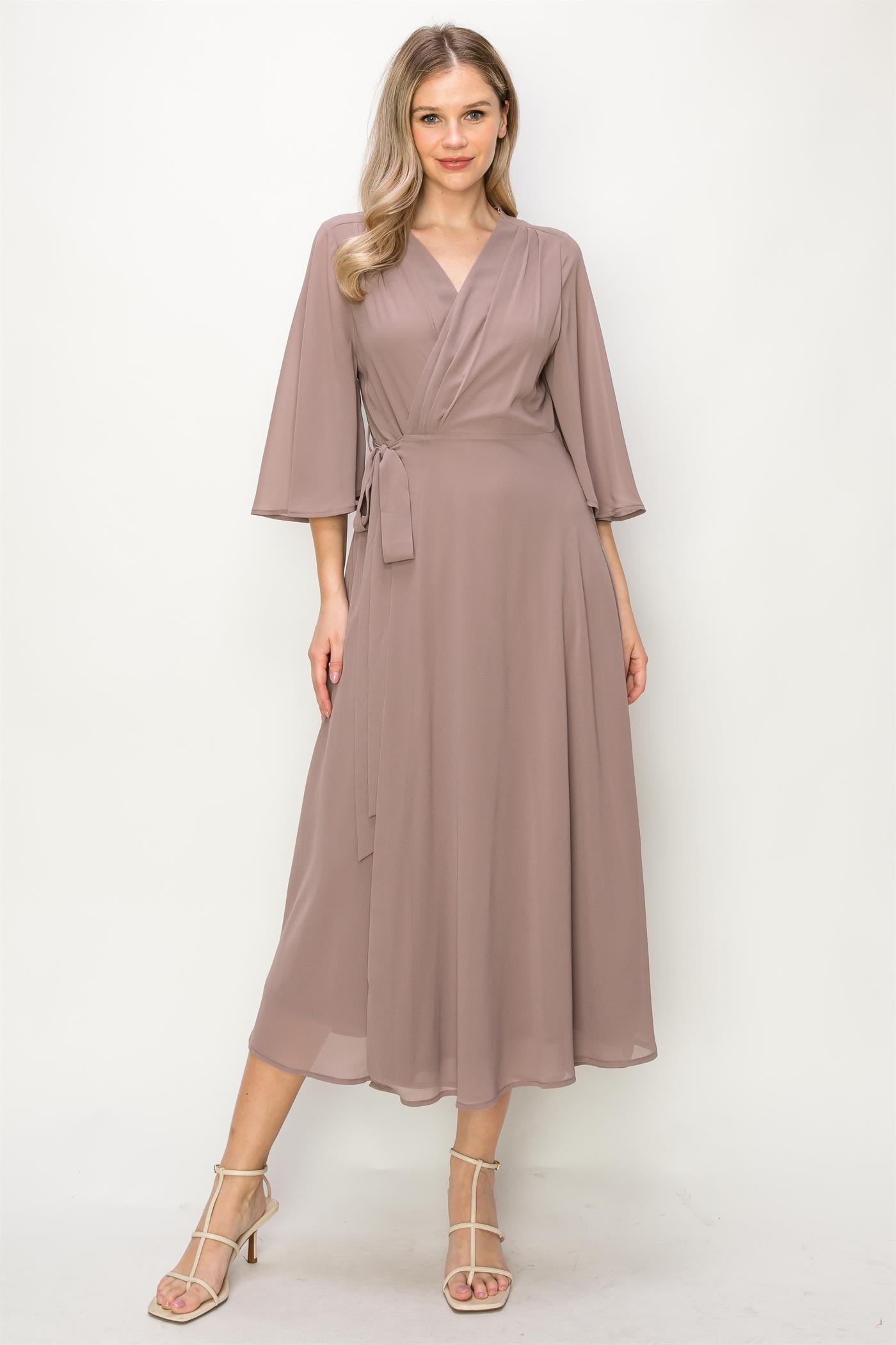 ONE THE LAND Elegant Wrap Knit V Neck Midi Dress With Side Tie In Taupe-Midi Dresses-ONETHELAND-Deja Nu Boutique, Women's Fashion Boutique in Lampasas, Texas