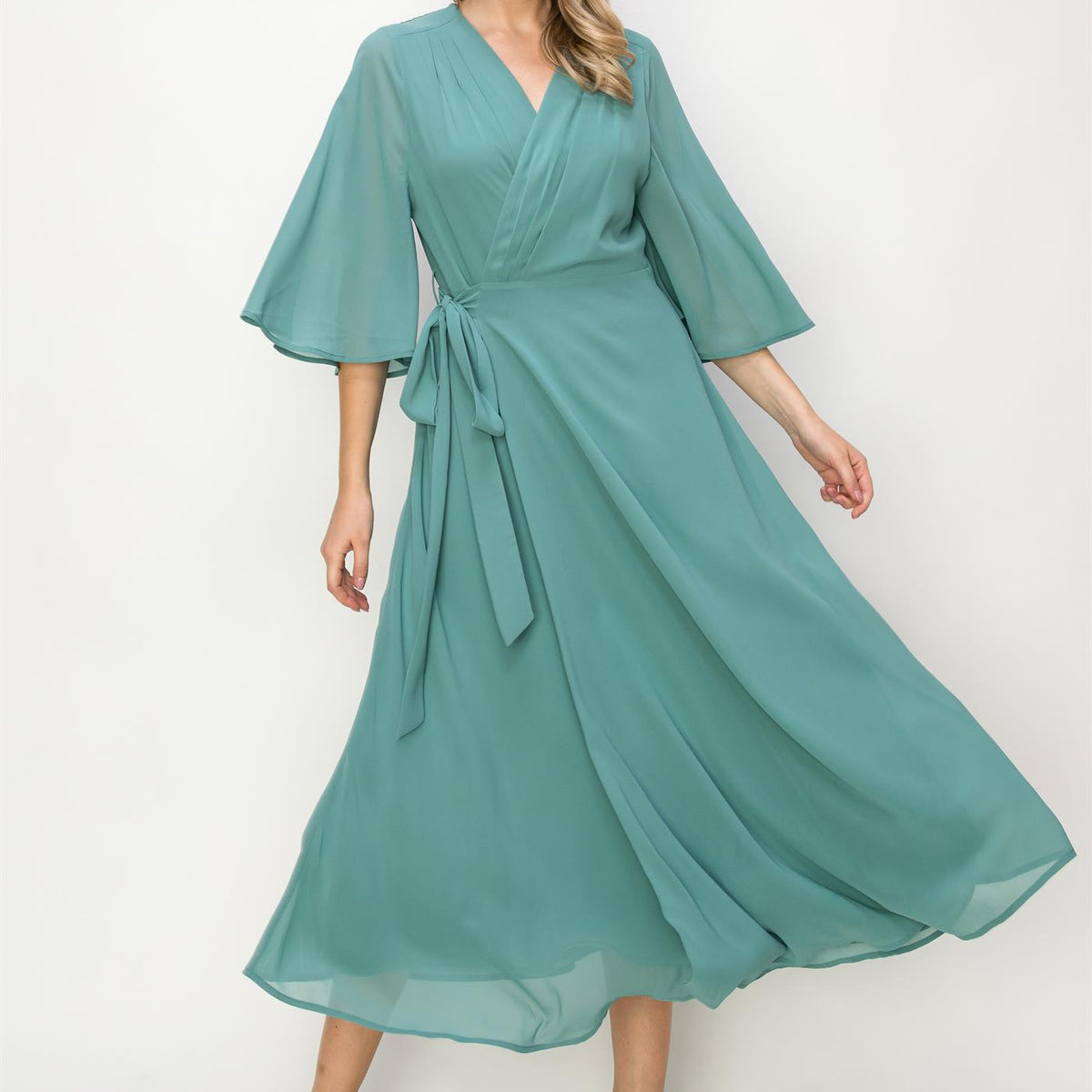women's lands' end v-neck wrap midi dress baltic teal ONE THE LAND Elegant Wrap Knit V Neck Midi Dress With Side Tie In Dusty Teal Small