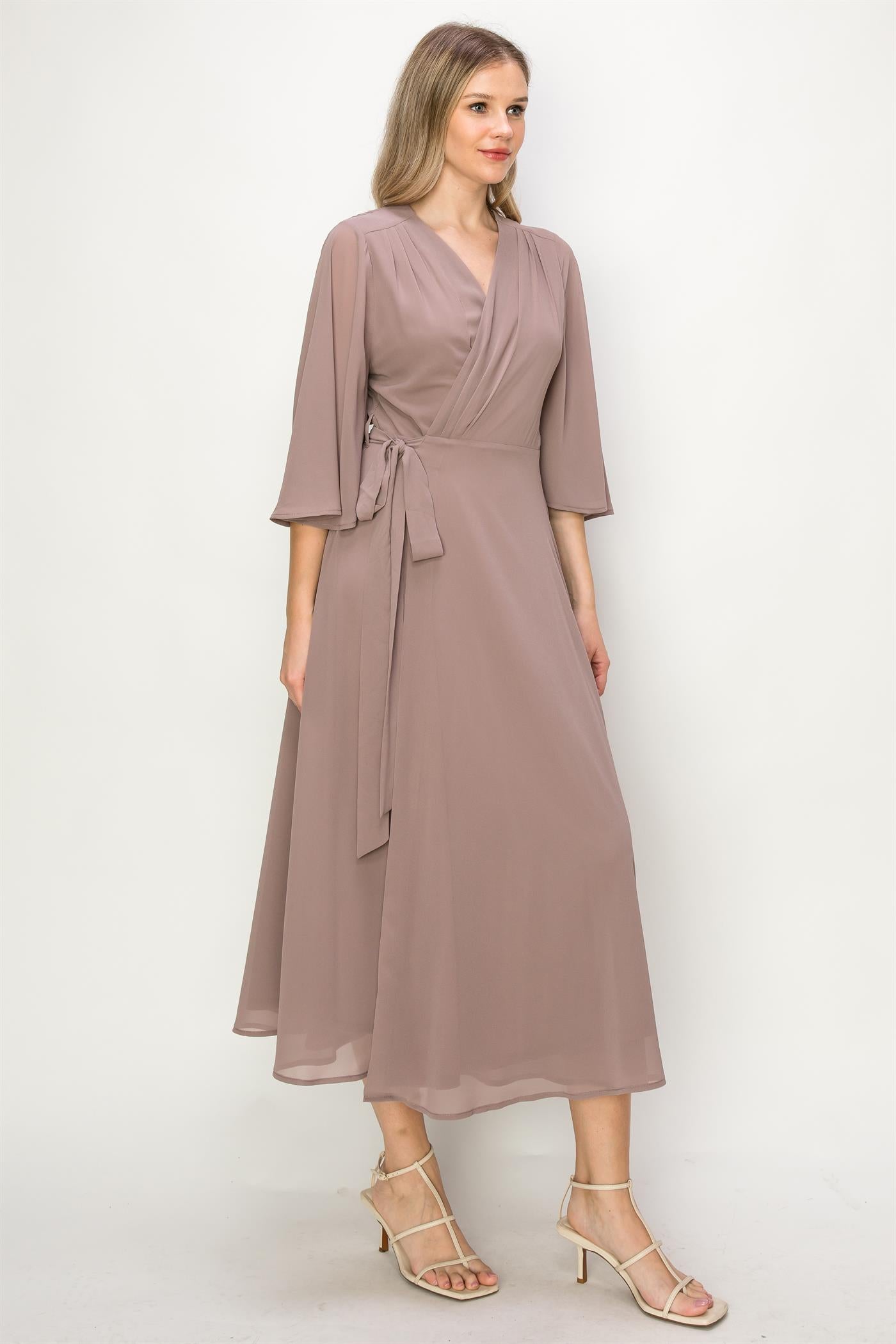 ONE THE LAND Elegant Wrap Knit V Neck Midi Dress With Side Tie In Taupe-Midi Dresses-ONETHELAND-Deja Nu Boutique, Women's Fashion Boutique in Lampasas, Texas