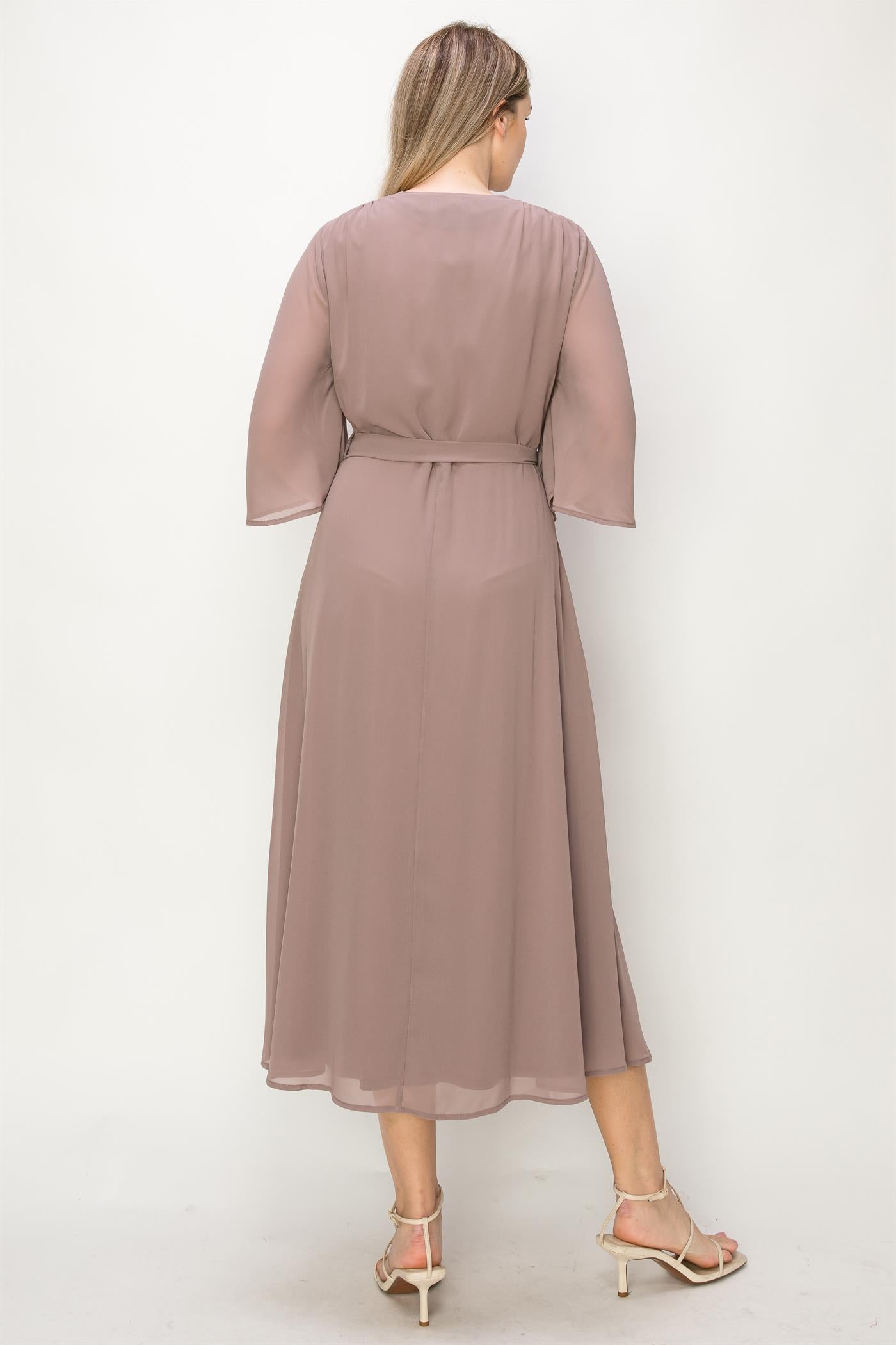 ONE THE LAND Elegant Wrap Knit V Neck Midi Dress With Side Tie In Taupe-Midi Dresses-ONETHELAND-Deja Nu Boutique, Women's Fashion Boutique in Lampasas, Texas