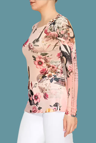 Origami Pink Guitar Mesh Long Sleeve Top with Sparkle Detail-Tops-Origami Apparel-Deja Nu Boutique, Women's Fashion Boutique in Lampasas, Texas