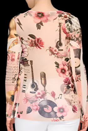 Origami Pink Guitar Mesh Long Sleeve Top with Sparkle Detail-Tops-Origami Apparel-Deja Nu Boutique, Women's Fashion Boutique in Lampasas, Texas