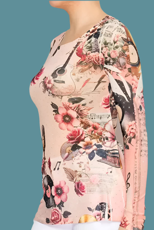 Origami Pink Guitar Mesh Long Sleeve Top with Sparkle Detail-Tops-Origami Apparel-Deja Nu Boutique, Women's Fashion Boutique in Lampasas, Texas